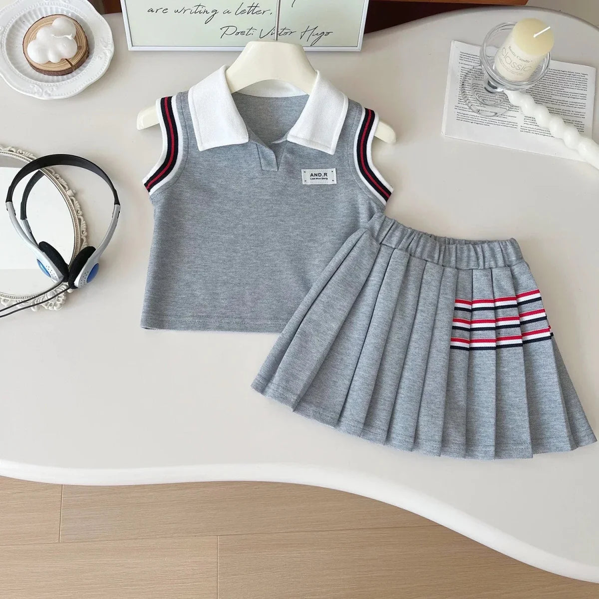 Baby Girl College Style Summer 2PCS Clothes Set Polo Collar Kid Girl Vest Top Set Thin Stylish Stripe Pleated Skirt Belle Outfit - Mom & Kids