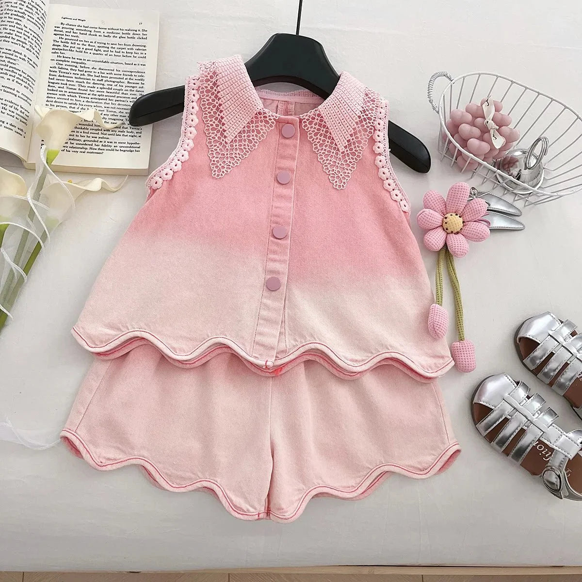 Baby Girls' Denim Suit Summer New Lace Vest Top Shorts Pants Casual and Fashion Kids Outwear Two-piece Set - Mom & Kids