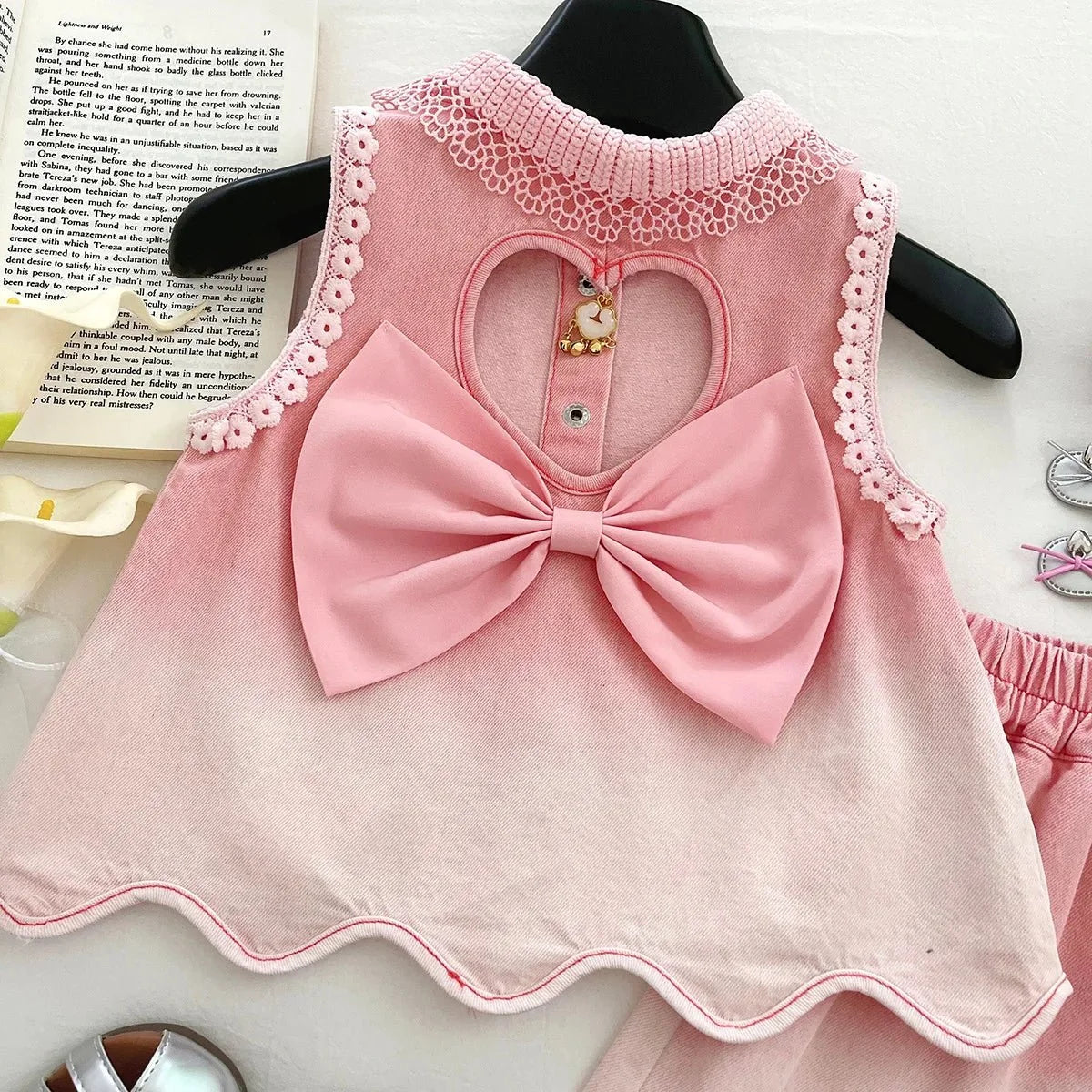 Baby Girls' Denim Suit Summer New Lace Vest Top Shorts Pants Casual and Fashion Kids Outwear Two-piece Set - Mom & Kids