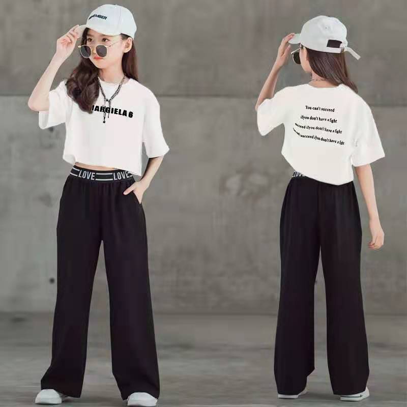 Girls Summer Two Piece Outfit with short sleeve top and wide leg pants