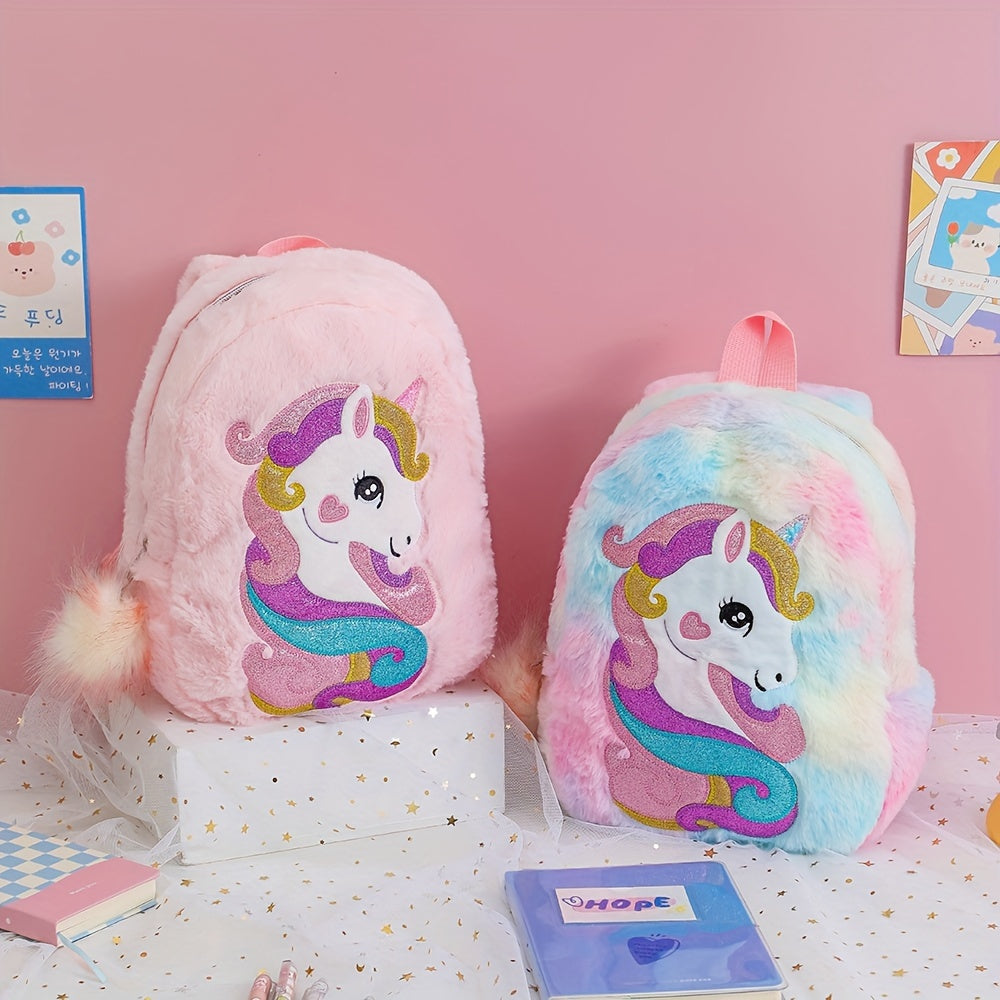 [1pc Unicorn Backpack, Tie Dye Fabric] 1pc Cartoon Unicorn Plush Unicorn Backpack, Girl's Kindergarten Small School Bag, Tie