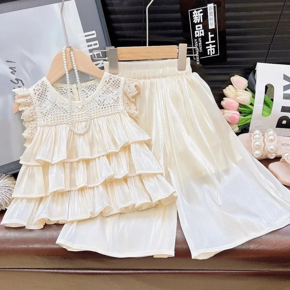 Bear Leader Summer Korean Version Girl Suits Flying Sleeve Round Neck Doll Shirt + wide Leg Pants 2-Pcs Set Kids Clothing - Mom & Kids