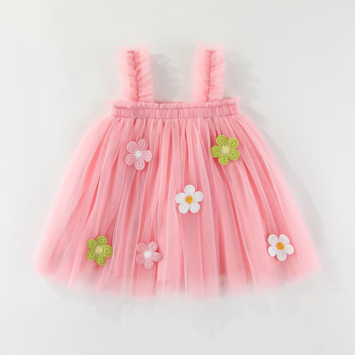 Girls Spaghetti Straps Chest Wrap Flower Embroidery Mesh Dress (Available)