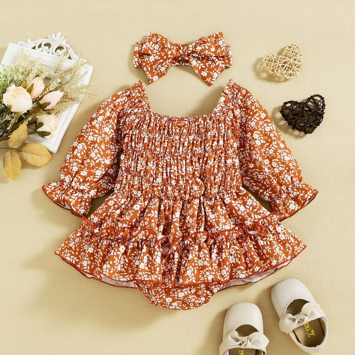 Infant Autumn Floral Chiffon Butterfly Cute Pastoral Style Baby Bodysuit Dress