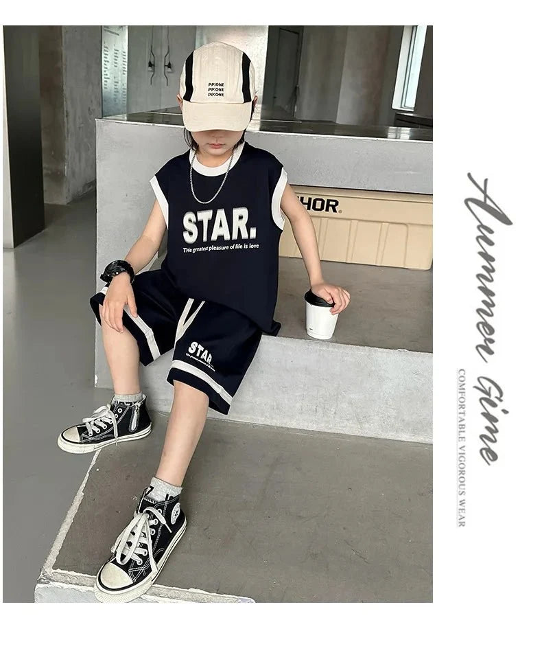 Boys Basketball Jerseys New Fashion Vest + Shorts 2Pcs Boys Clothing Sets Teenagers Kids Clothes - Mom & Kids