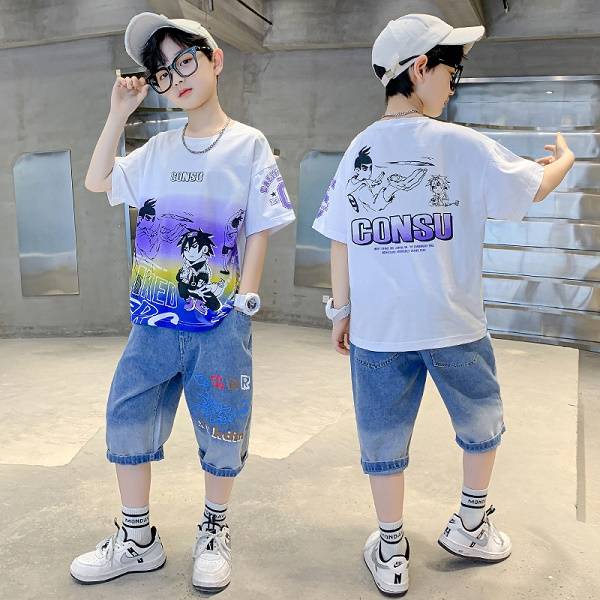 Boys Casual Cartoon Gradient T-shirt jeans Suit Medium And Large Children Two-piece Set (Available) - Mom & Kids