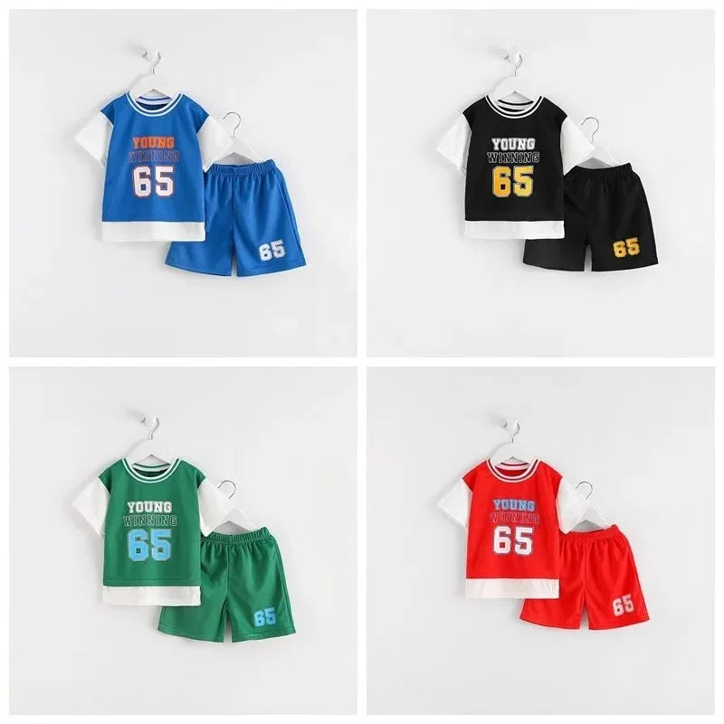 Boys Clothes Sets Summer Breathable Tracksuit Fashion Children's Sports Two Piece Set T-shirt + Shorts Suits - Mom & Kids