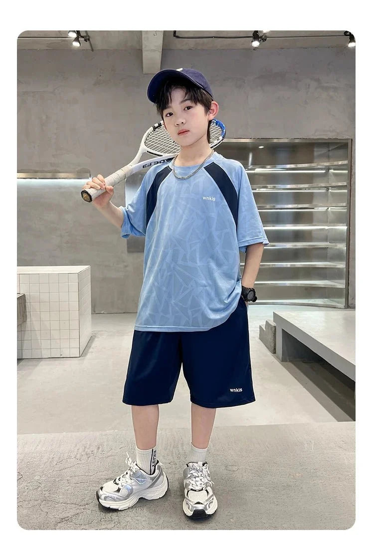 Boys Clothes Sets Summer Kids Sport Short Sleeve T-shirt + Shorts 2 Pieces Suit Teenage Child Outfits For 5 6 8 10 12 14 Years - Mom & Kids