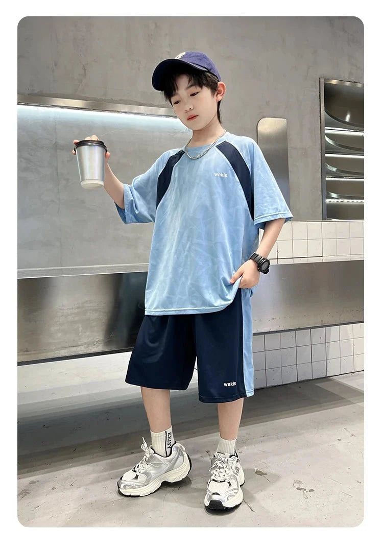 Boys Clothes Sets Summer Kids Sport Short Sleeve T-shirt + Shorts 2 Pieces Suit Teenage Child Outfits For 5 6 8 10 12 14 Years - Mom & Kids
