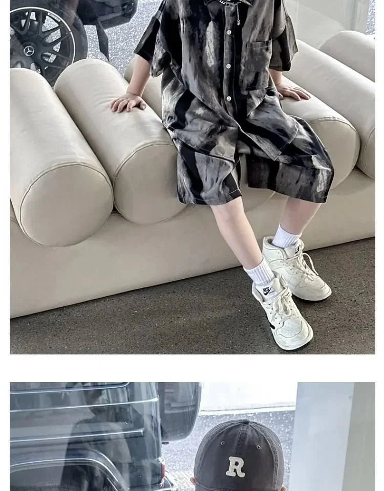 Boys Fashion Summer Tye-die Short Sleeve Shirts+Pants 2pcs Suits Years Kids Trend Streetwear Oufits Sets Children Clothing - Mom & Kids