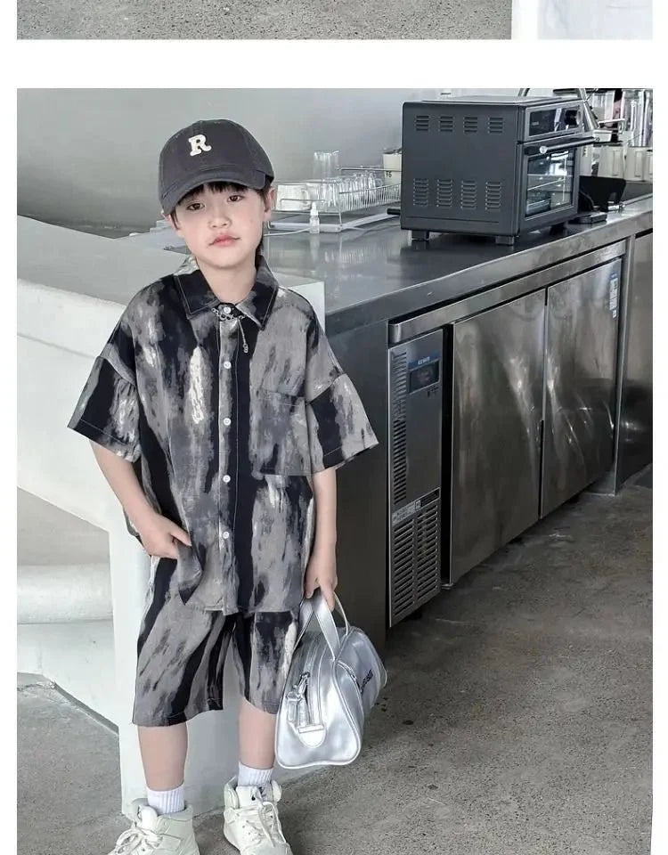 Boys Fashion Summer Tye-die Short Sleeve Shirts+Pants 2pcs Suits Years Kids Trend Streetwear Oufits Sets Children Clothing - Mom & Kids
