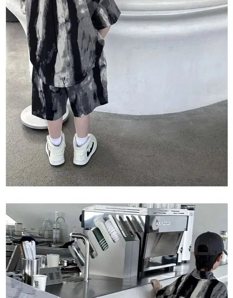 Boys Fashion Summer Tye-die Short Sleeve Shirts+Pants 2pcs Suits Years Kids Trend Streetwear Oufits Sets Children Clothing - Mom & Kids