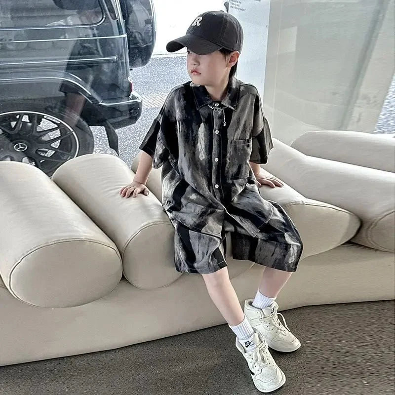 Boys Fashion Summer Tye-die Short Sleeve Shirts+Pants 2pcs Suits Years Kids Trend Streetwear Oufits Sets Children Clothing - Mom & Kids