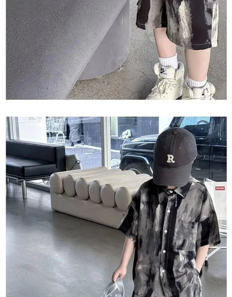 Boys Fashion Summer Tye-die Short Sleeve Shirts+Pants 2pcs Suits Years Kids Trend Streetwear Oufits Sets Children Clothing - Mom & Kids