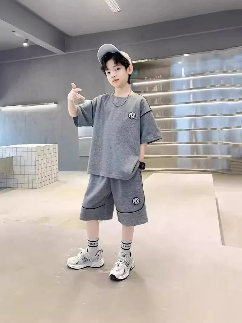 Boys Suit Child set Clothes Short-Sleeved loose black t-shirt + half pants Teenager Tracksuits Kids 8 10 12 year - Mom & Kids