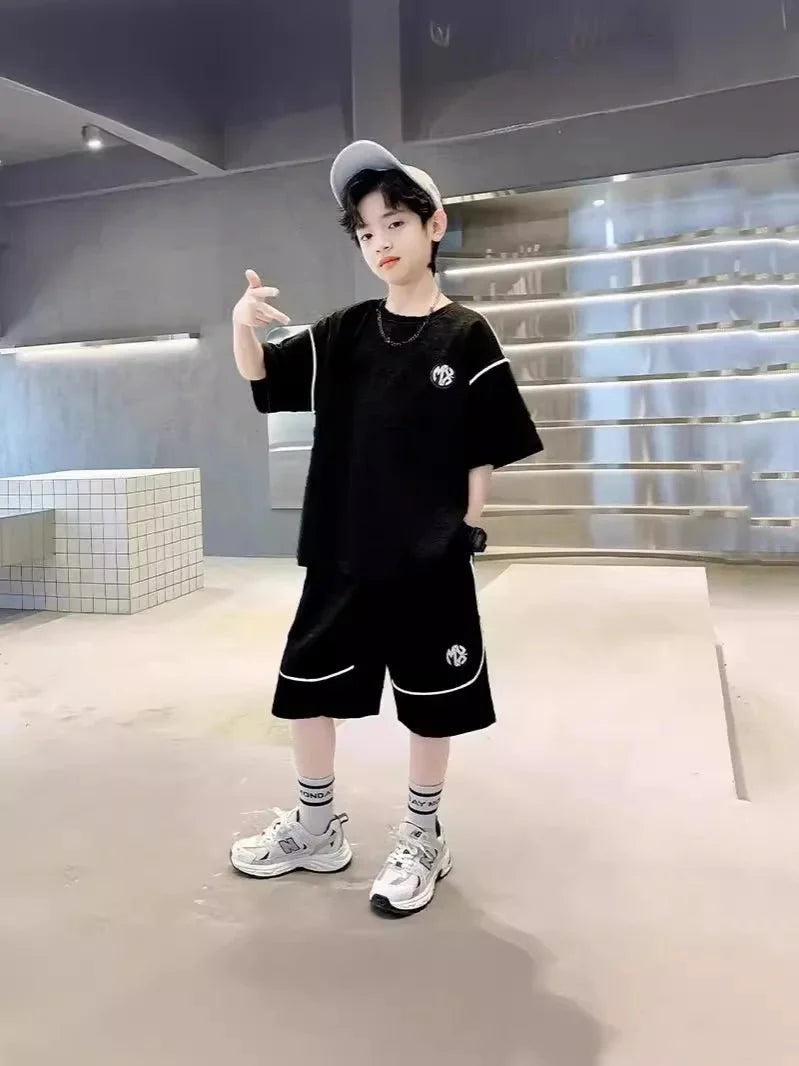 Boys Suit Child set Clothes Short-Sleeved loose black t-shirt + half pants Teenager Tracksuits Kids 8 10 12 year - Mom & Kids