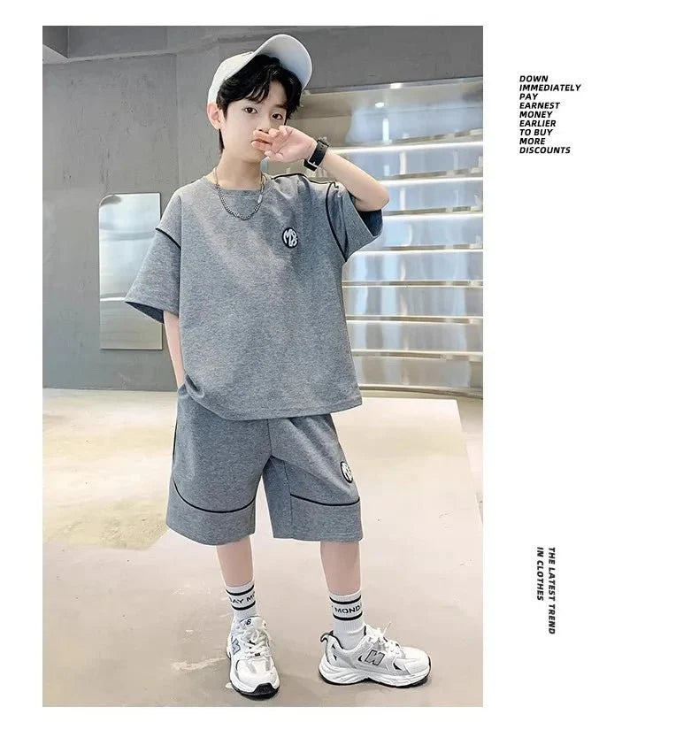 Boys Suit Child set Clothes Short-Sleeved loose black t-shirt + half pants Teenager Tracksuits Kids 8 10 12 year - Mom & Kids
