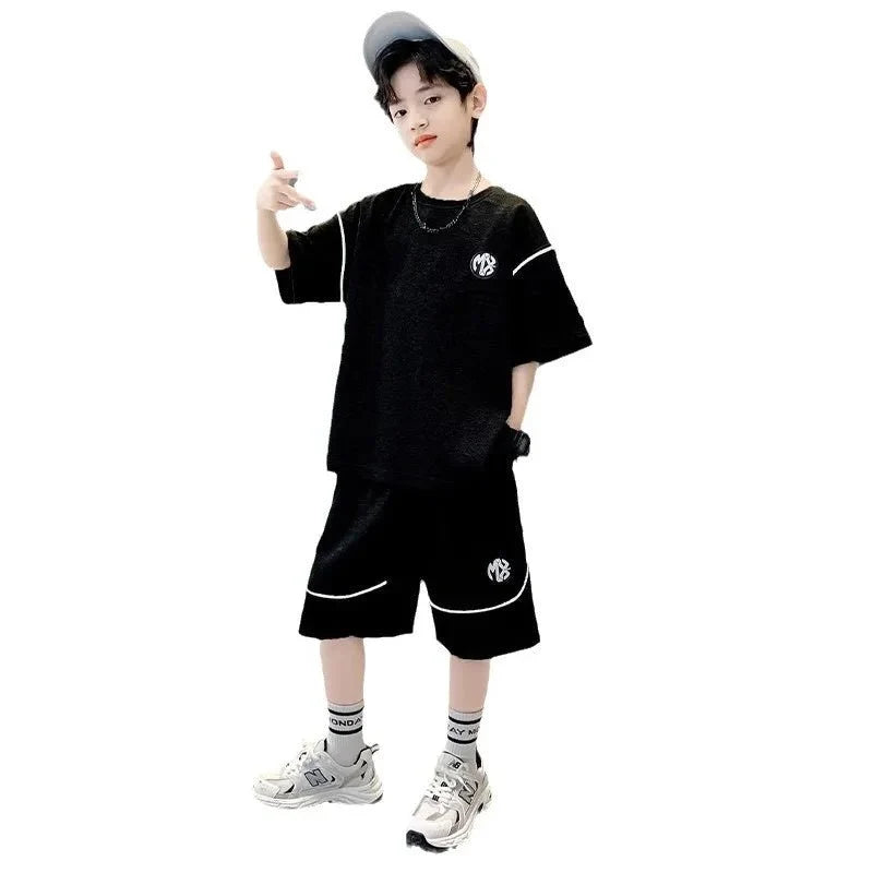 Boys Suit Child set Clothes Short-Sleeved loose black t-shirt + half pants Teenager Tracksuits Kids 8 10 12 year - Mom & Kids