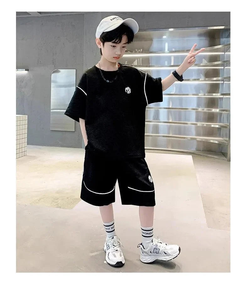 Boys Suit Child set Clothes Short-Sleeved loose black t-shirt + half pants Teenager Tracksuits Kids 8 10 12 year - Mom & Kids