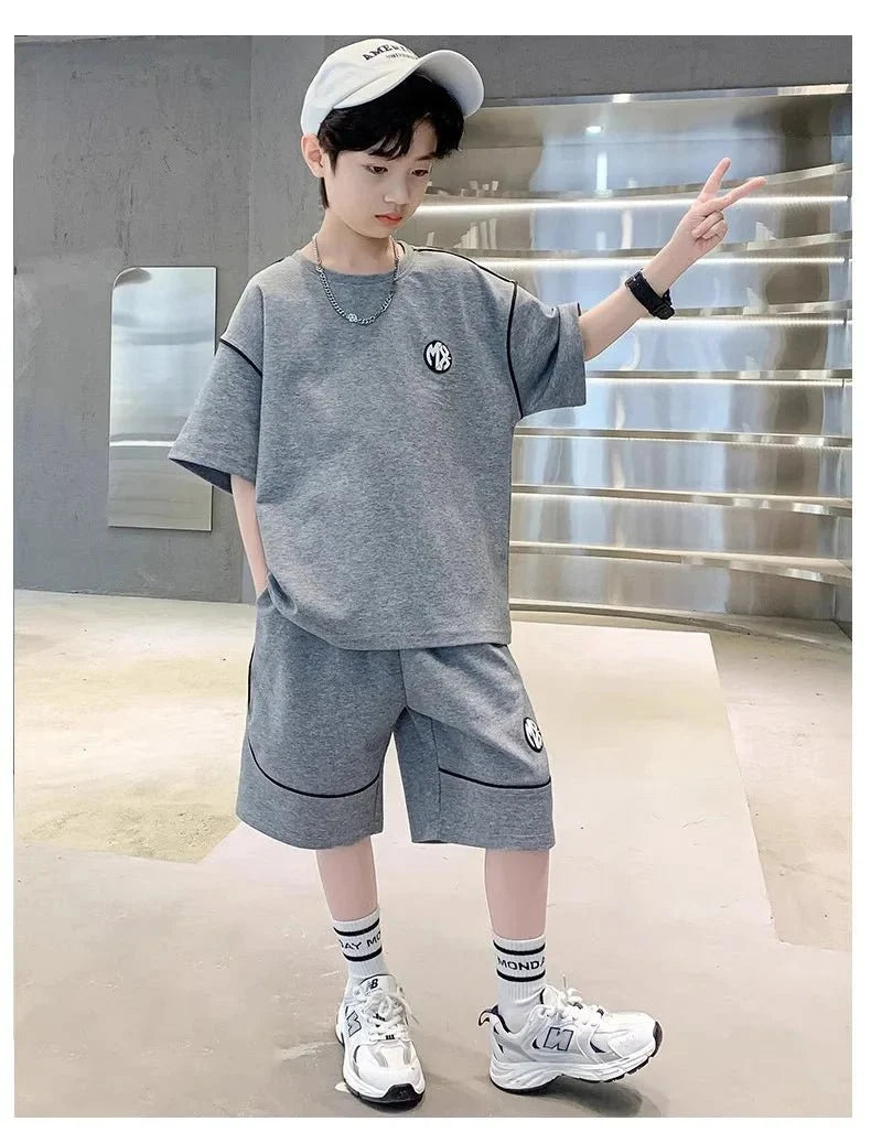 Boys Suit Child set Clothes Short-Sleeved loose black t-shirt + half pants Teenager Tracksuits Kids 8 10 12 year - Mom & Kids