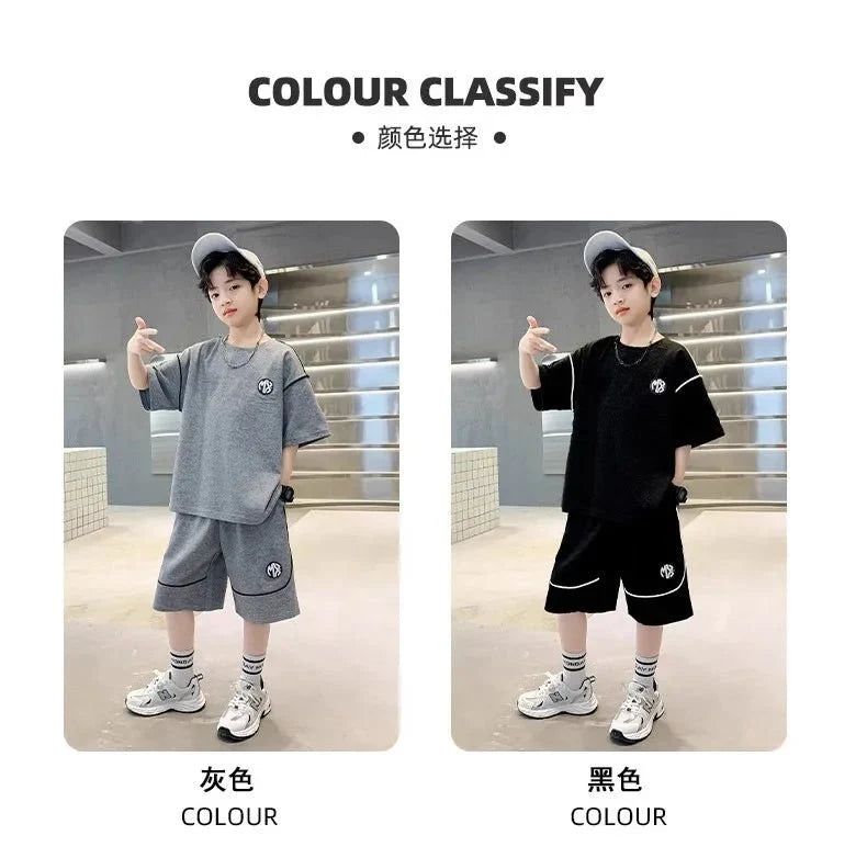 Boys Suit Child set Clothes Short-Sleeved loose black t-shirt + half pants Teenager Tracksuits Kids 8 10 12 year - Mom & Kids