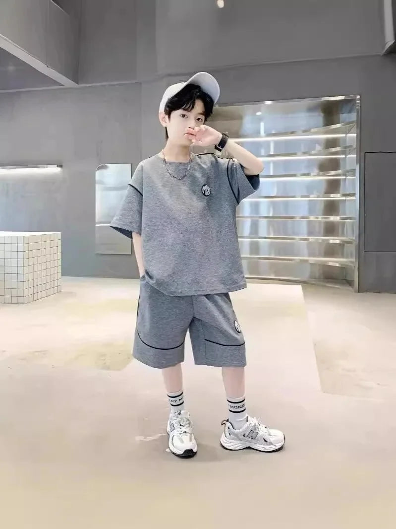 Boys Suit Child set Clothes Short-Sleeved loose black t-shirt + half pants Teenager Tracksuits Kids 8 10 12 year - Mom & Kids