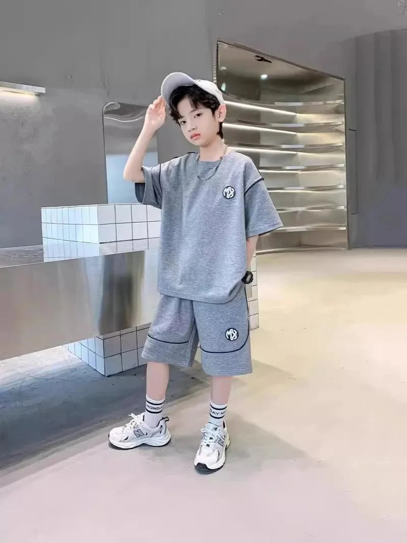 Boys Suit Child set Clothes Short-Sleeved loose black t-shirt + half pants Teenager Tracksuits Kids 8 10 12 year - Mom & Kids