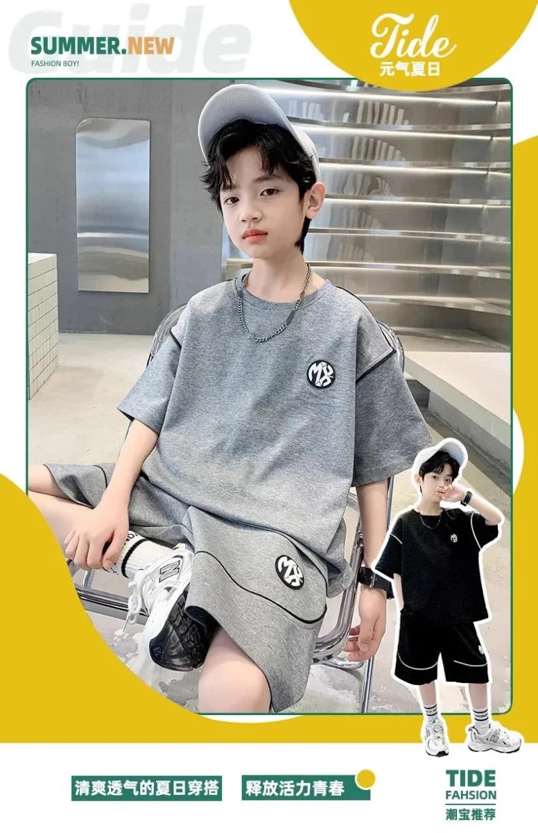 Boys Suit Child set Clothes Short-Sleeved loose black t-shirt + half pants Teenager Tracksuits Kids 8 10 12 year - Mom & Kids