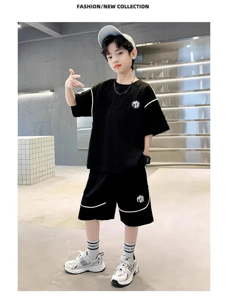 Boys Suit Child set Clothes Short-Sleeved loose black t-shirt + half pants Teenager Tracksuits Kids 8 10 12 year - Mom & Kids