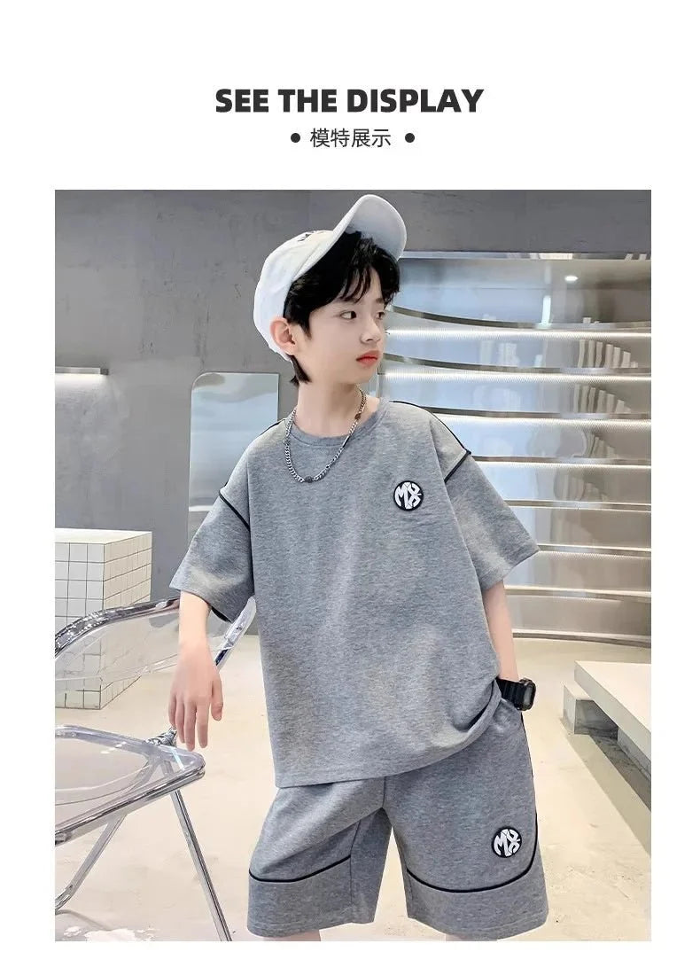 Boys Suit Child set Clothes Short-Sleeved loose black t-shirt + half pants Teenager Tracksuits Kids 8 10 12 year - Mom & Kids