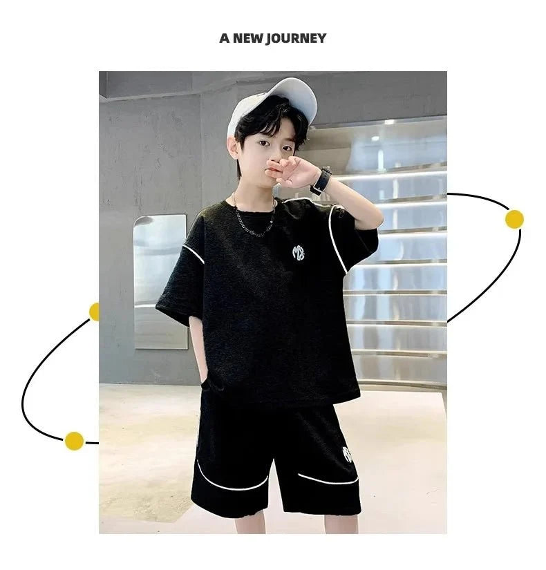 Boys Suit Child set Clothes Short-Sleeved loose black t-shirt + half pants Teenager Tracksuits Kids 8 10 12 year - Mom & Kids