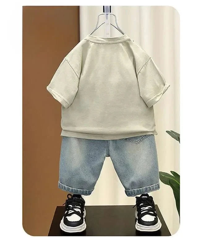 Boys Summer Clothing Set Letter Print Short Sleeved T-shirt+Denim Shorts 2Pcs Suit For Kids Handsome Casual Outfit - Mom & Kids