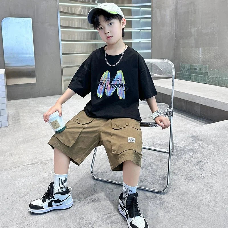 Boys Summer Clothing Sets Big Children Short-sleeved Top+Shorts Suits 2025 New Teenager T-shirt Loose Sports 2Pcs Outfits 4-14Y - Mom & Kids