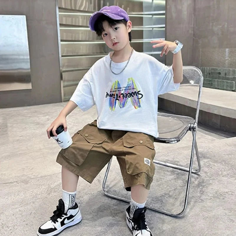Boys Summer Clothing Sets Big Children Short-sleeved Top+Shorts Suits 2025 New Teenager T-shirt Loose Sports 2Pcs Outfits 4-14Y - Mom & Kids