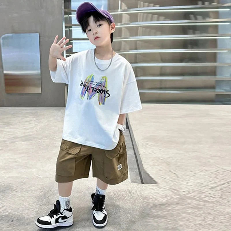 Boys Summer Clothing Sets Big Children Short-sleeved Top+Shorts Suits 2025 New Teenager T-shirt Loose Sports 2Pcs Outfits 4-14Y - Mom & Kids