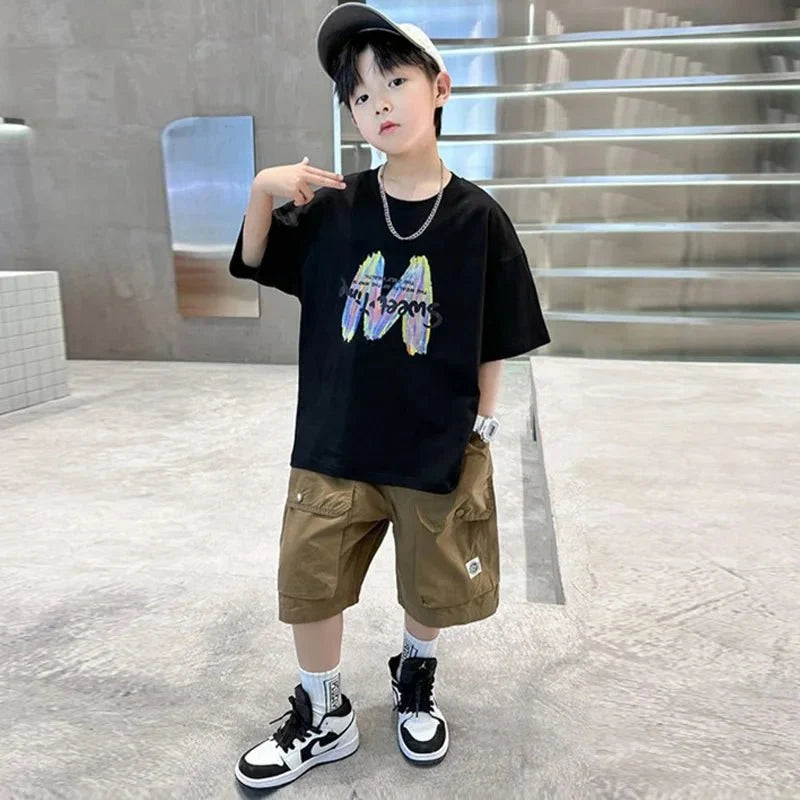 Boys Summer Clothing Sets Big Children Short-sleeved Top+Shorts Suits 2025 New Teenager T-shirt Loose Sports 2Pcs Outfits 4-14Y - Mom & Kids