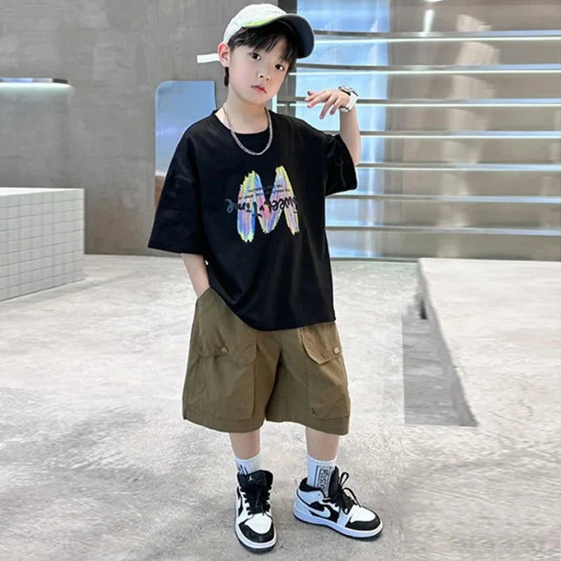Boys Summer Clothing Sets Big Children Short-sleeved Top+Shorts Suits 2025 New Teenager T-shirt Loose Sports 2Pcs Outfits 4-14Y - Mom & Kids