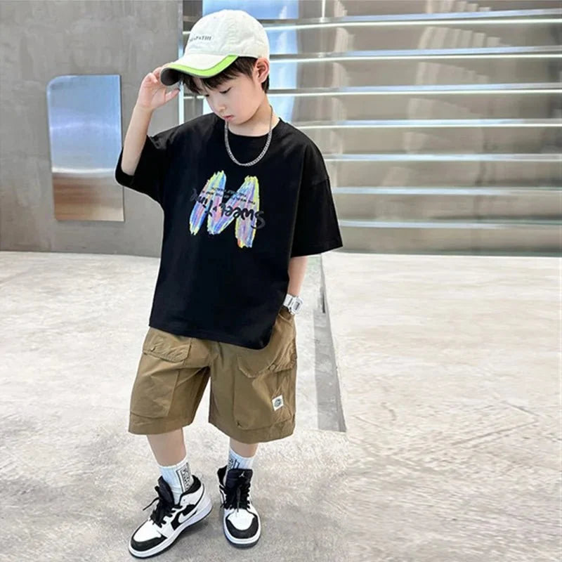 Boys Summer Clothing Sets Big Children Short-sleeved Top+Shorts Suits 2025 New Teenager T-shirt Loose Sports 2Pcs Outfits 4-14Y - Mom & Kids