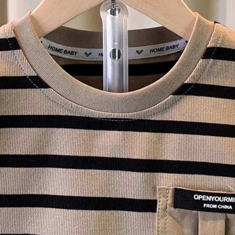 Boys' summer outfit set Summer short sleeved shorts New children's striped baby two-piece set - Mom & Kids