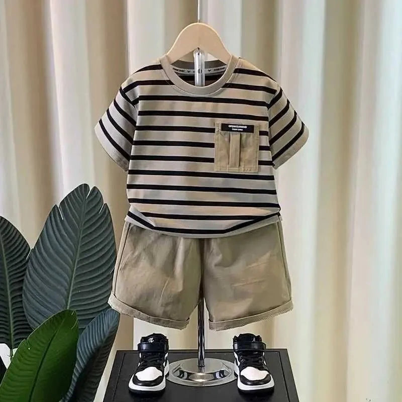 Boys' summer outfit set Summer short sleeved shorts New children's striped baby two-piece set - Mom & Kids
