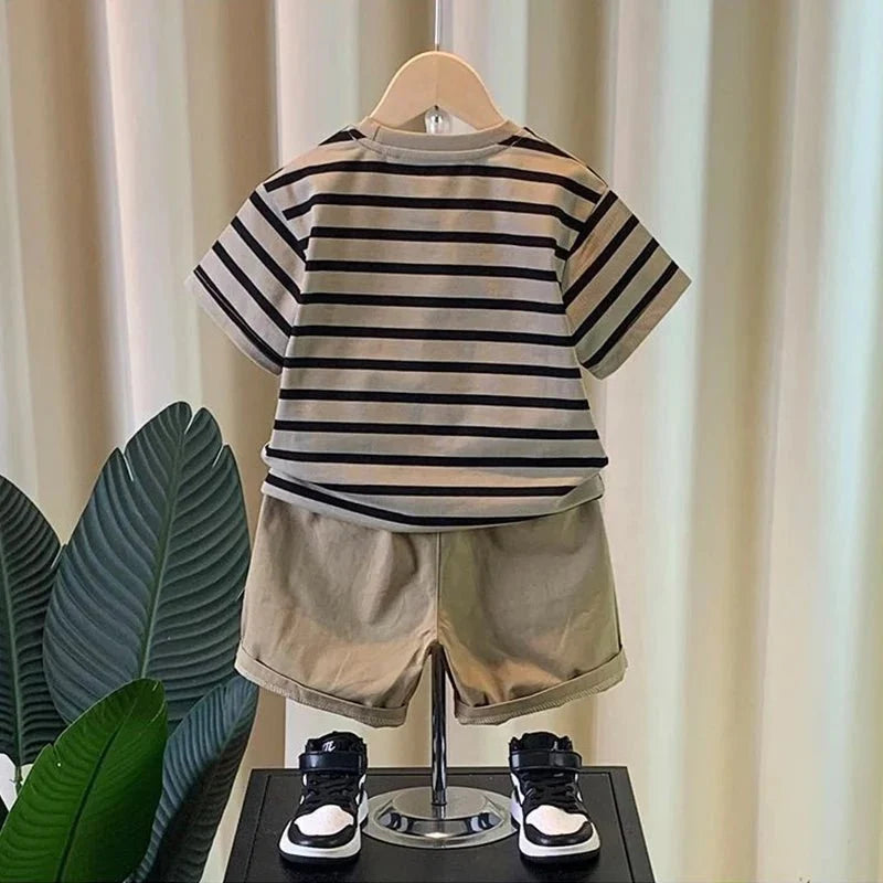 Boys' summer outfit set Summer short sleeved shorts New children's striped baby two-piece set - Mom & Kids
