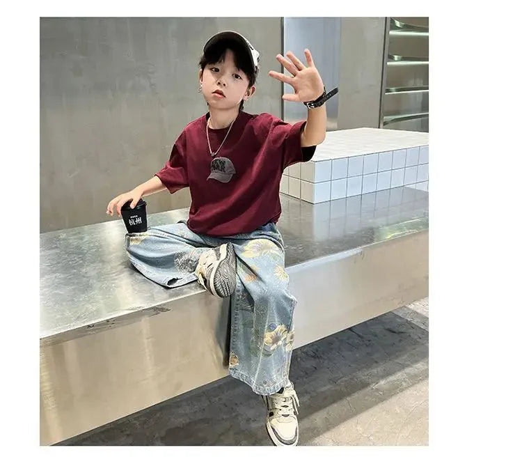 Boys' Summer Outfit Sets New Style Children's Short Sleeved T-shirt Long Pants Two-piece Suits Big Children's Stylish Sets - Mom & Kids