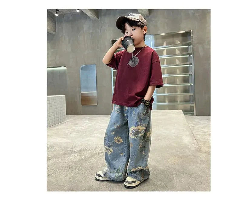 Boys' Summer Outfit Sets New Style Children's Short Sleeved T-shirt Long Pants Two-piece Suits Big Children's Stylish Sets - Mom & Kids