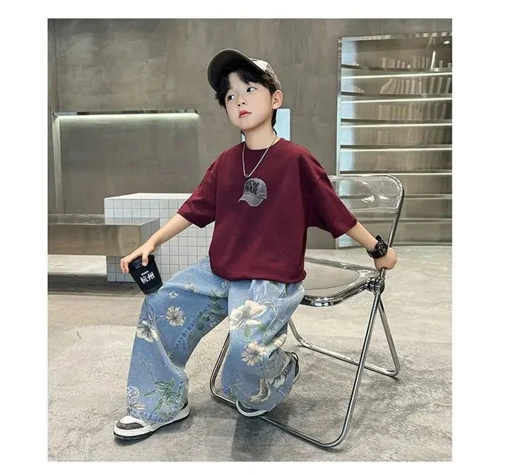 Boys' Summer Outfit Sets New Style Children's Short Sleeved T-shirt Long Pants Two-piece Suits Big Children's Stylish Sets - Mom & Kids