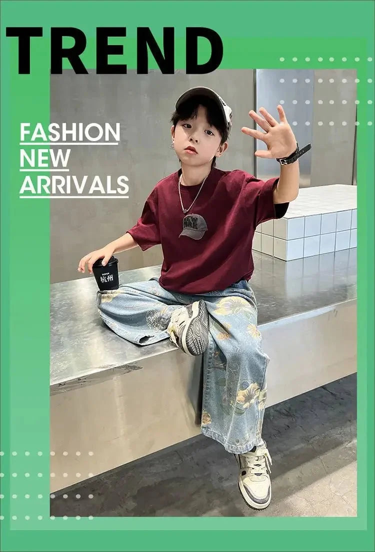 Boys' Summer Outfit Sets New Style Children's Short Sleeved T-shirt Long Pants Two-piece Suits Big Children's Stylish Sets - Mom & Kids