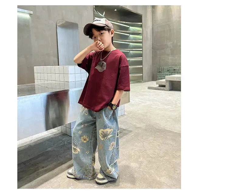 Boys' Summer Outfit Sets New Style Children's Short Sleeved T-shirt Long Pants Two-piece Suits Big Children's Stylish Sets - Mom & Kids