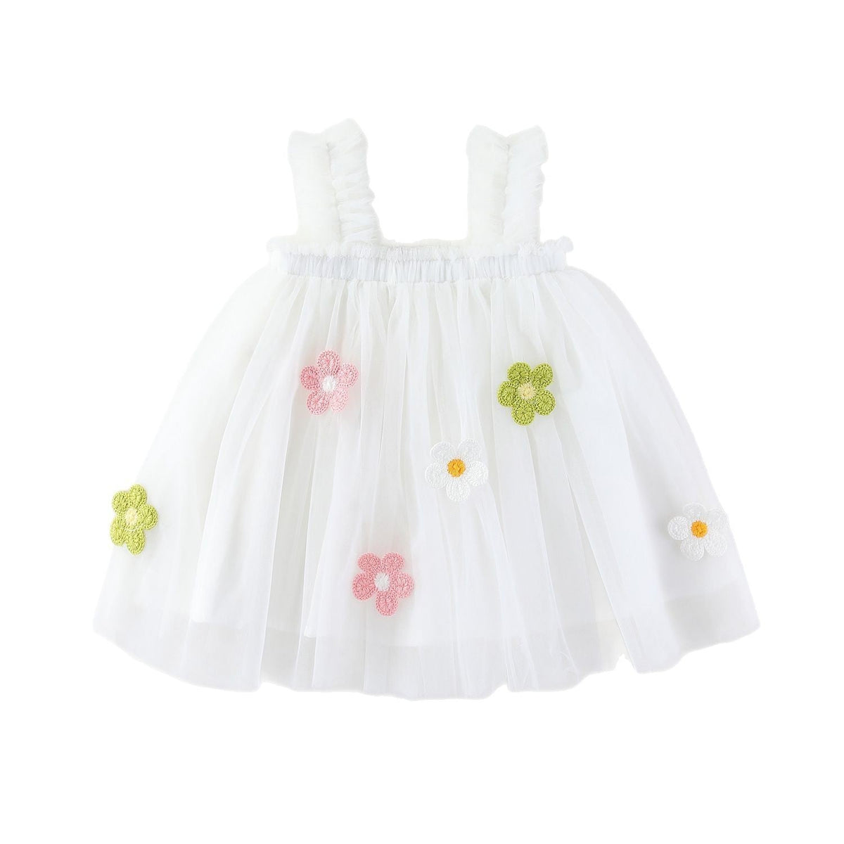 Girls Spaghetti Straps Chest Wrap Flower Embroidery Mesh Dress (Available)