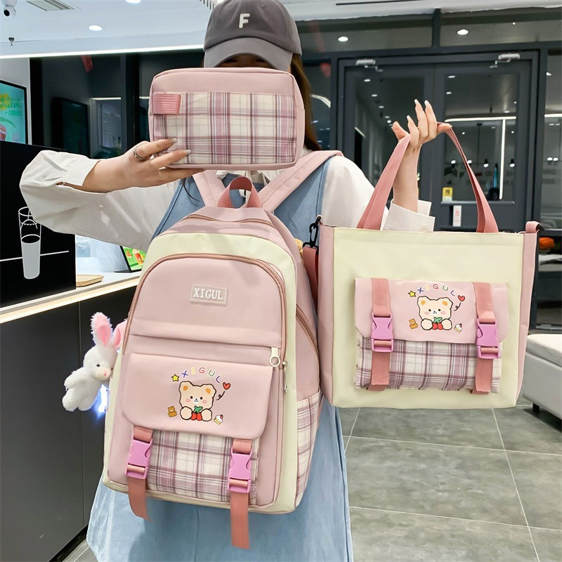 Large Capacity High School Plaid Three-piece Set Junior High School Student Elementary School Studebt Backpack - Baby Bag