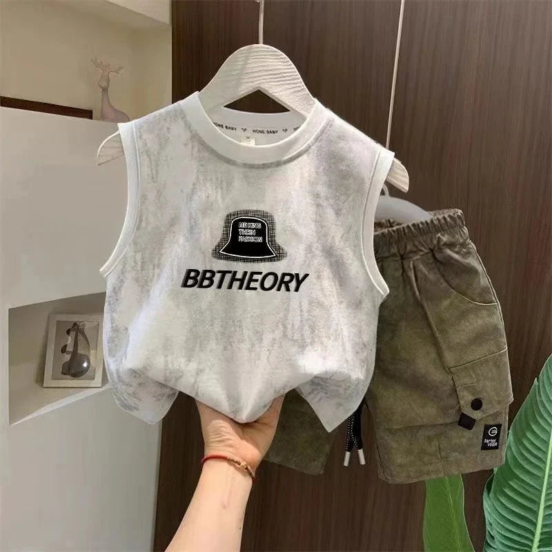Children Boutique Summer Outfits 2025 New Boys Sleeveless Hat Letter T-Shirt And Pocket Shorts 2pcs Fashion Set Kid Sport Suit - Mom & Kids