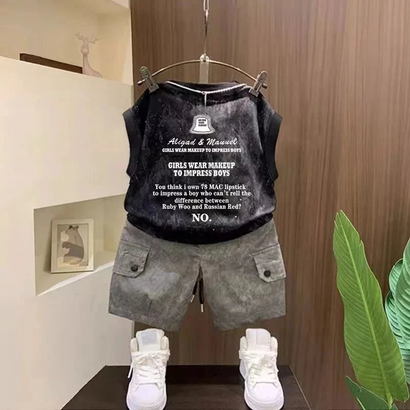Children Boutique Summer Outfits 2025 New Boys Sleeveless Hat Letter T-Shirt And Pocket Shorts 2pcs Fashion Set Kid Sport Suit - Mom & Kids